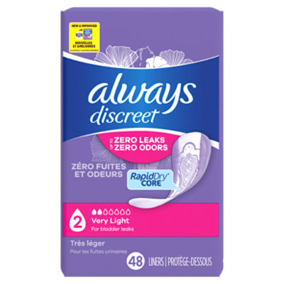 Always Discreet Incontinence Panty Liners for Bladder Leaks, 2 Size, Very Light Absorbency, 48 CT