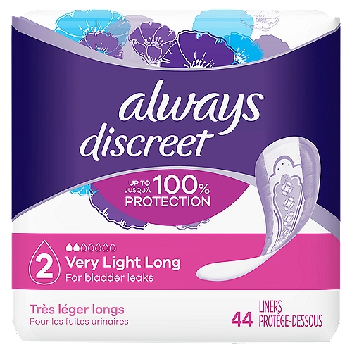 always Discreet Very Light Long Liners, Size 2, 44 count
Bladder leaks shouldn't hold you back. Always Discreet Incontinence Liners give you secure protection you can barely feel. Designed to fit your body and your life, improved core for better protection and comfort*, so you can walk with poise. If sneezing or laughing causes bladder leaks, Always Discreet Very Light Liners offer protection. *vs. previous Always Discreet