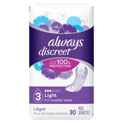 Always Discreet Light Incontinence Pads, Absorbs 4x More Vs Period Pad of Similar Size, 30 Count