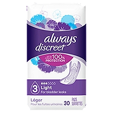 Always Discreet Light Incontinence Pads, Absorbs 4x More Vs Period Pad of Similar Size, 30 Count, 30 Each