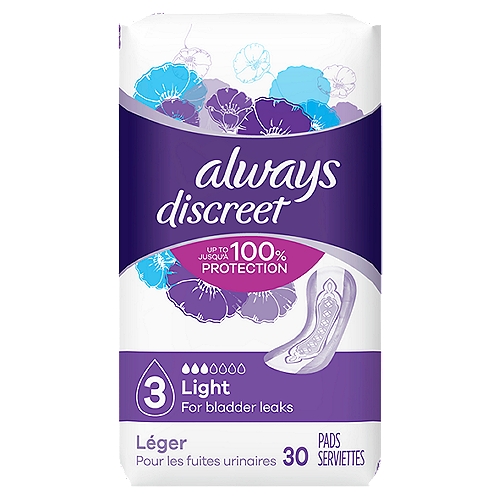 Always Discreet Light Incontinence Pads, Absorbs 4x More Vs Period Pad of  Similar Size, 30 Count