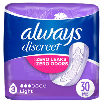 Always Discreet Adult Incontinence Pads for Women, Light Absorbency, Regular Length, Postpartum Pads, 30 CT