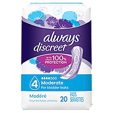 Always Discreet Moderate Incontinence Pads, Up to 100% Leak-Free Protection, 20 Count