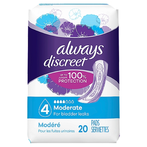 always Discreet Moderate Pads, 20 count
Looking for incredibly strong bladder leak protection that is barely noticeable under clothes? Always Discreet Moderate Incontinence Pads offer up to 100% leak-free protection thanks to a unique absorbent core that absorbs leaks in seconds to keep your skin dry and comfortable for hours. Plus, two RapidDry layers form a boosted protection zone in the center, giving you extra protection where you need it most. Even with unexpected leaks, the LeakGuards help to keep wetness away from the sides, while the lightly-scented OdorLock technology neutralizes odors instantly and continuously. Find your right size with the Always Discreet My Fit chart and get the protection you need. Experience incredible bladder leak protection in a surprisingly discreet incontinence pad.