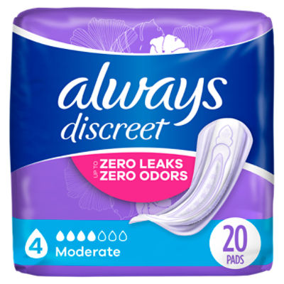 Always Discreet Moderate Incontinence Pads, Up to 100% Leak-Free Protection, 20 Count