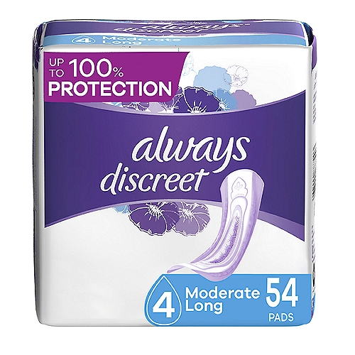 Always Discreet Moderate Long Incontinence Pads, Up to 100% Leak-Free Protection, 54 Count