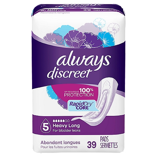 always Discreet Heavy Long Pads, 39 count
Looking for incredibly strong bladder leak protection, that is barely noticeable under clothes? Always Discreet Heavy Long Incontinence Pads offer up to 100% leak-free protection thanks to a unique absorbent core that absorbs leaks in seconds to keep your skin dry and comfortable for hours. Plus, two RapidDry layers form a boosted protection zone in the center, giving you extra protection where you need it most. Even with heavy unexpected leaks, the LeakGuards help to keep wetness away from the sides, while the lightly-scented OdorLock technology neutralizes odors instantly and continuously. Find your right size with the Always Discreet My Fit chart and get the protection you need. Experience incredible bladder leak protection in a surprisingly discreet incontinence pad.