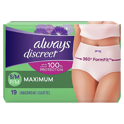 always Discreet Maximum Underwear, S/M, 19 count
Say goodbye to bulky adult diapers and hello to a smooth and secure fit that looks like real underwear. The form-fitting design hugs your curves with a soft fabric so you can walk with poise and confidence when wearing Always Discreet Incontinence Underwear.The super absorbent core turns liquid and odor to gel, so you feel dry and confident. Plus, the special side LeakGuard design helps stop leaks at the leg, where they happen most. Get incredible protection with Always Discreet Incontinence Underwear which is available in sizes S/M - XXL, to fit all kinds of curves. Also available are Always Discreet incontinence pads and liners.