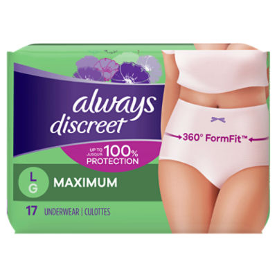 Always Discreet Boutique, Incontinence & Postpartum Underwear for Women,  Maximum Protection, Large, 2 Pack of 18 count = 36 Count total