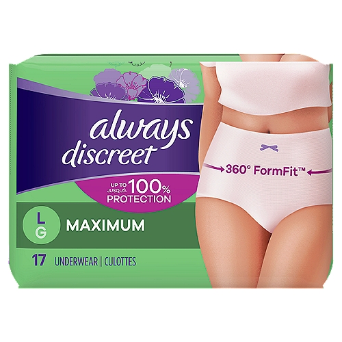 always Discreet Maximum Underwear, L, 17 count
Say goodbye to bulky adult diapers and hello to a smooth and secure fit that looks like real underwear. The form-fitting design hugs your curves with a soft fabric so you can walk with poise and confidence when wearing Always Discreet Incontinence Underwear. The super absorbent core turns liquid and odor to gel, so you feel dry and confident. Plus, the special side LeakGuard design helps stop leaks at the leg, where they happen most. Get incredible protection with Always Discreet Incontinence Underwear which is available in sizes S/M - XXL, to fit all kinds of curves. Also available are Always Discreet incontinence pads and liners.