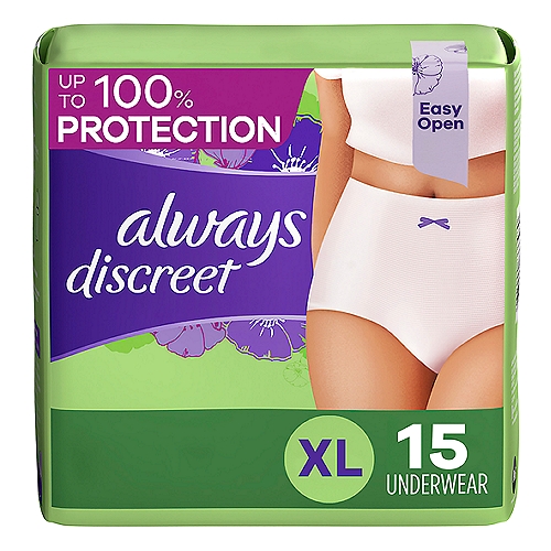 Say goodbye to bulky adult diapers and hello to a smooth and secure fit that looks like real underwear. The form-fitting design hugs your curves with a soft fabric so you can walk with poise and confidence when wearing Always Discreet Incontinence Underwear. The super absorbent core turns liquid and odor to gel, so you feel dry and confident. Plus, the special side LeakGuard design helps stop leaks at the leg, where they happen most. Get incredible protection with Always Discreet Incontinence Underwear which is available in sizes S/M - XXL, to fit all kinds of curves. Also available are Always Discreet incontinence pads and liners.