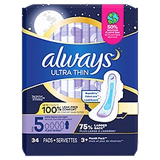 Always Ultra Thin Overnight Pads with Wings, Size 5, Extra Heavy Overnight, Unscented, 34 Count, 34 Each
