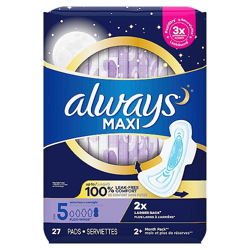 Rest easy with up to 100% leak-free comfort from the Always* Maxi overnight pads. The pads feature advanced 3X Protection System to give you a worry-free night's sleep, while RapidDRY works to wick away gushes in seconds. Plus, the pads' LeakGUARD core locks in leaks for long-lasting protection, while SecurelyFITS helps the pad stay in place throughout the night. Always Maxi Overnight Size 5 Pads Unscented with Wings feature a 2x larger back**, so you're protected no matter how you sleep. Sleep tight with Always Maxi Pads. *vs. previous Always Maxi **vs. Always Maxi Regular with Wings