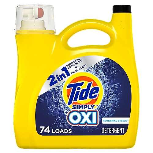 Tide Simply + Oxi Refreshing Breeze Detergent, 74 loads, 115 fl oz
74 Loads◊
◊Contains approximately 74 loads as measured to bar 1 on cap.