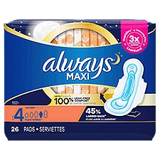 Always Maxi Pads Size 4 Overnight Absorbency Unscented 26 Count, 26 Each