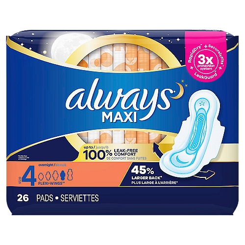 Rest easy with up to 100% leak-free comfort from the Always* Maxi overnight pads. The pads feature advanced 3X Protection System to give you a worry-free night's sleep, while RapidDRY works to wick away gushes in seconds. Plus, the pads' LeakGUARD core locks in leaks for long-lasting protection, while SecurelyFITS helps the pad stay in place throughout the night. Always Maxi Overnight Size 4 Pads Unscented with Wings provide a 45% larger back**, so you're protected no matter how you sleep. Sleep tight with Always Maxi Pads. *vs. previous Always Maxi **vs. Always Maxi Regular with Wings