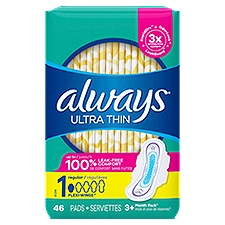 Always Ultra Thin Daytime Pads with Wings, Size 1, Regular, Unscented, 46 Count, 46 Each