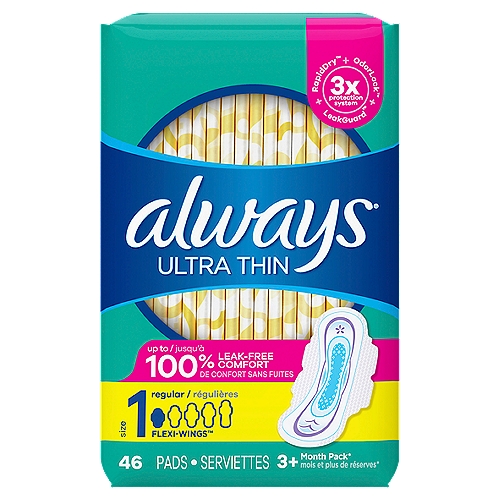 Always Ultra Thin Daytime Pads with Wings, Size 1, Regular, Unscented, 46 Count