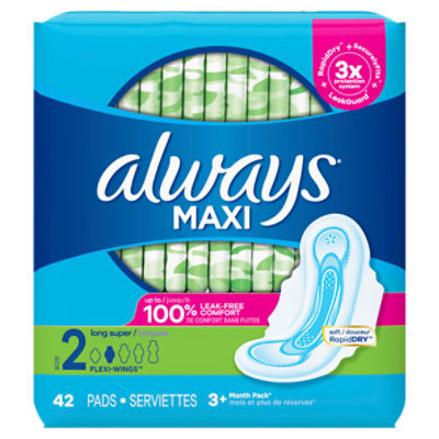 Always Maxi Daytime Pads with Wings, Size 2, Super, Unscented, 42 Count