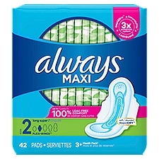 Always Maxi Daytime Pads with Wings, Size 2, Super, Unscented, 42 Count