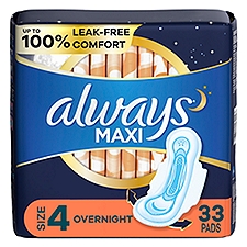 Always Maxi Pads Size 4 Overnight Absorbency Unscented with Wings, 33 Count, 33 Each