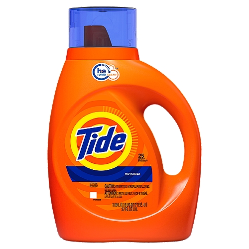 Tide Original Detergent, 25 loads, 37 fl oz liq
America's #1 detergent*, now even better. This Tide liquid laundry detergent has an improved formula engineered to attack tough body soils. Tide's HE Turbo Clean detergents feature Smart Suds™ technology. The quick-collapsing suds clean faster and rinse out quicker, even in cold cycles. Tide HE laundry detergent keeps your whites white and your colors colorful with a refreshing scent, wash after wash. Available in Original and Clean Breeze scents. The Tide clean you love is also available in Tide PODS laundry pacs. * Tide, based on sales, Nielsen laundry detergent category