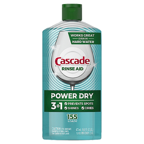 Cascade 3 in 1 Power Dry Rinse Aid, 155 loads, 16.0 fl oz liqnCascade Power Dry Rinse Aid has three benefits in one product to Prevent Spots, Dry, & Shine your dishes. Cascade Power Dry Rinse Aid delivers an Unbeatable Dry* because its sheeting action helps prevent dish water from clinging to your dishes during your machine's rinse cycle so your dishes rinse cleaner, dry faster, and come out dry & shining with virtually no water spots or streaks *vs detergent alone. Plus, Cascade Power Dry Rinse Aid works great even in hard water. Cascade Power Dry Rinse Aid features an easy to pour cap to prevent spills and is easy to use. For best results, refill your dishwash with Cascade Power Dry Rinse Aid monthly. Cascade Power Dry Rinse Aid is recommended by Cascade Detergent. Cascade is the #1 Recommended Brand in North America**  **More dishwasher brands in North America recommend Cascade vs. any other automatic dishwashing detergent brand, recommendations as part of co-marketing agreements