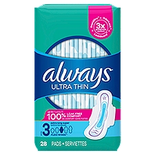 Always Ultra Thin Daytime Pads with Wings, Size 3, Extra Heavy Long, Unscented, 28 CT