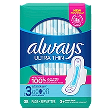 Always Ultra Thin Pads Size 3 Extra Long Super Absorbency Unscented with Wings, 38 Count