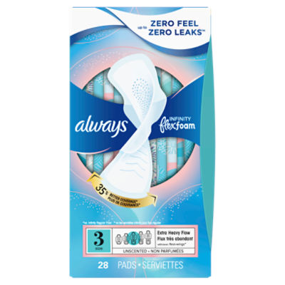 Always Infinity Feminine Pads for Women, Size 3, Extra Heavy Flow, with wings, Unscented, 28 CT, 28 Each