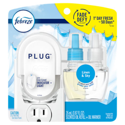 Febreze Fade Defy PLUG Air Freshener & Odor Eliminator Starter Kit with Linen & Sky (1) .87 fl. oz. Oil Refill