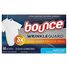 bounce WrinkleGuard Outdoor Fresh Mega, Dryer Sheets, 60 Each