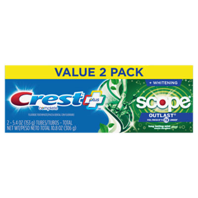 Crest Plus Complete Scope Outlast Mint + Whitening Fluoride Toothpaste Value Pack, 5.4 oz, 2 count