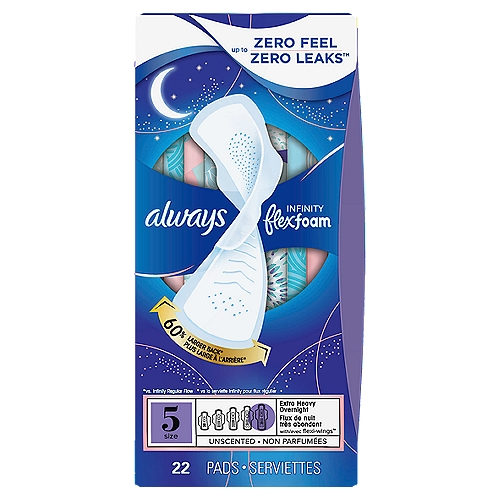 always Infinity FlexFoam Extra Heavy Overnight Unscented Pads, Size 5, 22 count
Always Infinity FlexFoam Extra Heavy Overnight Absorbency pads feel like nothing and protect like nothing else. FlexFoam pads are unbelievably thin and flexible so your pad moves with you, not against you. Zero Feel protection is possible with form fitting grooves that conform to your shape, and super absorbent holes that pull wetness away from your skin. Always' driest top layer is breathable, so you can say goodbye to hot and stuffy. With Always Infinity FlexFoam pads your period is the last thing on your mind.