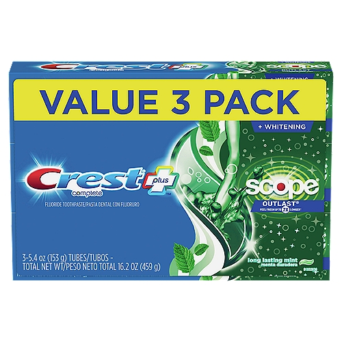 Crest Complete Plus Long Lasting Mint Fluoride Toothpaste Value Pack, 5.4 oz, 3 count
Long-lasting Scope Freshness. Crest + Scope Outlast Complete Whitening Toothpaste has the benefits of Crest toothpaste with the addition of Scope freshness. It helps fight bad breath germs to leave your breath feeling fresh up to 7x longer*. Regular brushing helps fight cavities and tartar build-up. Plus, it gently removes surface stains to help whiten your teeth. Feel it working and know that you're covered with Crest. *vs. ordinary toothpaste