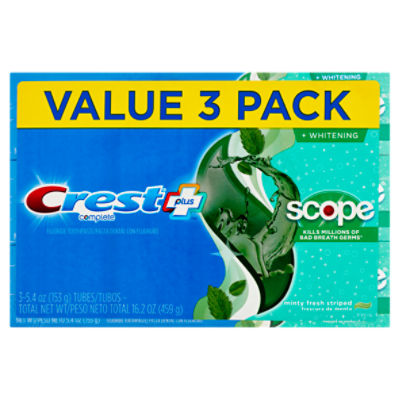 Crest Plus Complete Scope Minty Fresh + Whitening Fluoride Toothpaste Value Pack, 5.4 oz, 3 count