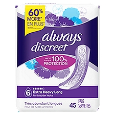 Always Discreet Extra Heavy Long Incontinence Pads, Up to 100% Leak-Free Protection, 45 Count