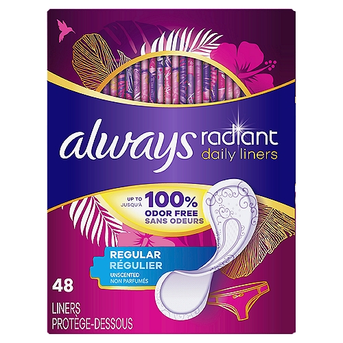 always Radiant Regular Absorbency Unscented Daily Liners, 48 count
Stay fresh whatever your style. Always Radiant Daily Liners Regular provide you with up to 100% odor-free protection against daily discharge. These liners are especially designed to adapt to bikini panties so you can stay true to your style every day of the month.Plus, the Edge-2-Edge adhesive helps hold the pantiliner in place for dry protection. The Always Liners Fit sizing chart shows a range of liners for different shapes and needs so you can find your best fit.Keep your style fresh - wear what you want and do what you want with Always Radiant Daily Liners.