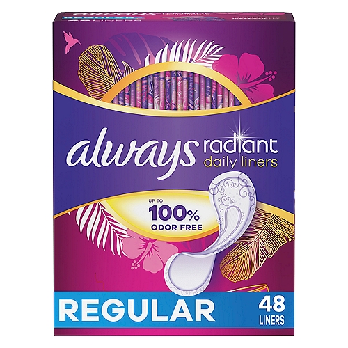 Always Radiant Daily Liners Regular Absorbency Unscented, Up to 100% Odor-free, 48 Count