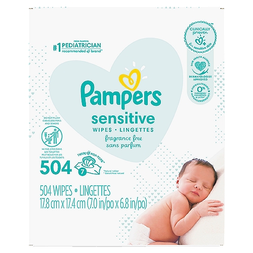 Pampers Sensitive Wipes, 7 pack, 504 count
Clinically proven for sensitive skin, Pampers Sensitive baby wipes are thick and gentle for a soothing clean. For less waste, our unique pop-top helps keep these wet wipes fresh, and only dispenses one at a time. Hypoallergenic, Pampers Sensitive wipes are alcohol-free, fragrance-free, paraben-free, and latex-free.* From Pampers, the #1 pediatrician recommended brand. For healthy skin, use Pampers Sensitive wipes together with Pampers Swaddlers diapers.*Natural rubber