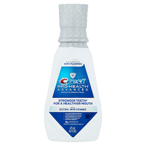 Crest Pro-Health Advanced Energizing Mint Mouthwash, 16 fl oz
Anticavity Fluoride Mouthwash

Stronger teeth* for a healthier mouth
*when added to a good oral care routine by strengthening enamel 

Whiter smile** in 7 days
Gentle foaming action safely whitens teeth**
**with brushing by removing surface stains

Use
Aids in the prevention of dental cavities

Drug Facts
Active ingredient - Purpose
Sodium Fluoride 0.02% (0.01% w/v fluoride ion) - Anticavity