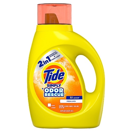 Tide Simply Odor Rescue Fresh Linen Detergent, 32 loads, 50 fl oz liq
32 Loads◊
◊ Contains approximately 32 loads as measured to bar 1 on cap.
