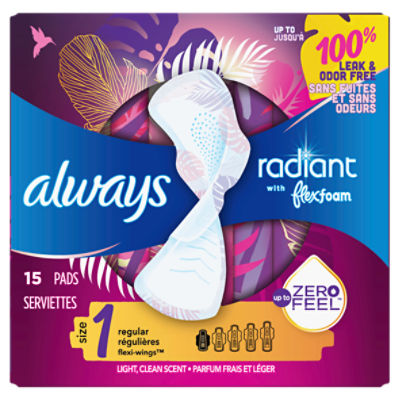 Always Radiant FlexFoam Pads for Women Size 1, Regular Absorbency, 100% Leak & Odor Free Protection is possible, with Wings, Scented, 15 Count, 15 Each