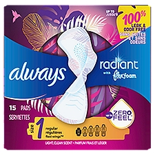 Always Radiant FlexFoam Pads for Women Size 1, Regular Absorbency, 100% Leak & Odor Free Protection is possible, with Wings, Scented, 15 Count