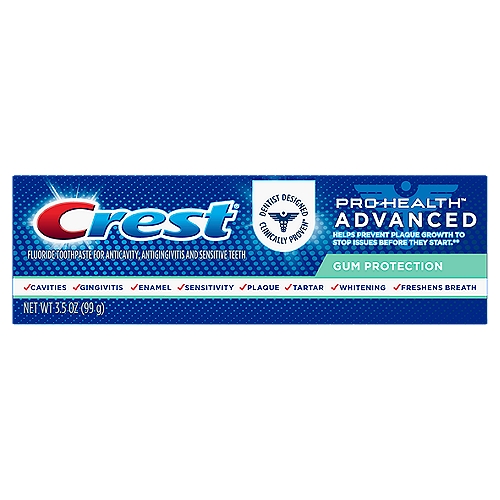 Crest Pro-Health Advanced Gum Protection Toothpaste, 3.5 oz
Crest Pro-Health Advanced Gum Protection is Dentist Designed. Clinically Proven*. It also provides protection against plaque bacteria to keep gums healthy and provide longer lasting freshness. Its patented Stannous Fluoride Technology helps prevent plaque growth to stop issues before they start†. *Clinically proven on plaque, gingivitis, and sensitivity benefits†Oral Care issues like cavities and gingivitis
