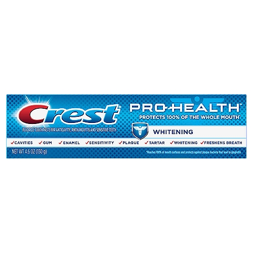 Crest Pro-Health Whitening Toothpaste, 4.6 oz
Try Crest Pro-Health Whitening Gel Toothpaste with the highest level of Crest Pro-Health's whitening ingredient to remove surface stains*. With patented stannous fluoride technology, Crest Pro-Health Whitening provides 8 advanced benefits: protects against cavities, sensitivity, plaque and tartar + provides gum, enamel, whitening and fresh breath benefits. Protects 100% of the Whole Mouth**. ADA Accepted -- American Dental Association. From Crest -- America's #1 Whitening Brand.*vs. Crest Pro-Health Clean Mint Toothpaste **Reaches 100% of mouth surfaces and protects against plaque bacteria that lead to gingivitis