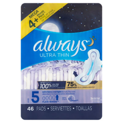 Always Ultra Thin Extra Heavy Overnight with Flexi-Wings Pads Mega Pack,  Size 5, 46 count - Price Rite