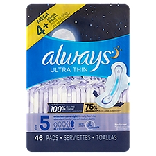 Always Ultra Thin Extra Heavy Overnight with Flexi-Wings Pads Mega Pack, Size 5, 46 count, 46 Each
