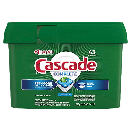 Cascade Complete Fresh Scent ActionPacs Dishwasher Detergent, 43 count, 1.41 lb
Toughness Comparison
Compare Cascade's Product Power: Platinum: Grease cleaning, shine, removes burnt-on food
Compare Cascade's Product Power: Complete: Grease cleaning, shine
Compare Cascade's Product Power: Original: Grease cleaning

Ingredient - Purpose
Amylase Enzyme - boosts starch soil removal
Colorants - adds color to product
Copolymer of Acrylic and Sulphonic Acids - boosts shine
Copolymer of Acrylic Maleic and Sulphonic Acids - boosts shine
Dipropylene Glycol - helps enable liquid processing
Fragrances - add scent to product
Glycerin - helps enable liquid processing
Isotridecanol Ethoxylated - boosts grease cleaning
PEG/PPG/Propylheptyl Ether - boosts grease cleaning
Polyvinyl Alcohol Polymer - water soluble film
Sodium Carbonate - mineral-based cleaning agent
Sodium Carbonate Peroxide - boosts cleaning power stain removal
Sodium Silicate - mineral-based cleaning agent
Sodium Sulfate - mineral-based processing aid
Subtilisin - boosts protein soil removal
Transitional Metal Catalyst - boosts tea and coffee cleaning
Trisodium Dicarboxymethyl Alaninate - boosts tough food cleaning
Water - processing aid
Zinc Carbonate - helps protect glassware
Contains fragrance allergen(s).