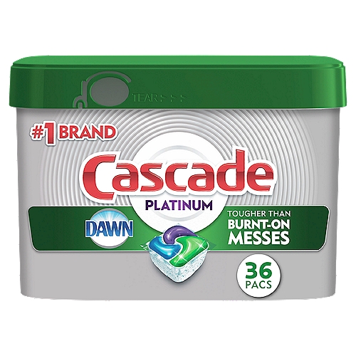 Cascade Platinum ActionPacs dishwasher detergent cleans burnt-on messes in just one wash, with no pre-wash needed. That's because Platinum has 50% More Cleaning Power* (*% cleaning ingredients vs. Cascade Complete ActionPacs) to tackle burnt-on foods. It dissolves fast to start cleaning right away, releasing the soaking power of Dawn dishwashing liquid, while food-seeking enzymes latch on and break down food into particles so small they can flow right down the drain. It's so powerful it even works in the Quick Wash cycle. Plus, Cascade Platinum dishwashing detergent is formulated to help prevent hard-water filming—keeping your machine looking fresh and clean. Simply pop in an ActionPac and reveal a Platinum sparkle. Save up to 15 gallons of water per dishwasher load when you skip the pre-wash and run your dishwasher with Cascade Platinum. #1 Recommended Brand in North America* *More dishwasher brands in North America recommend Cascade vs. any other automatic dishwashing detergent brand, recommendations as part of co-marketing agreements.